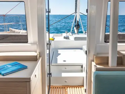 Salon of Lagoon 47, a catamaran at Athens, Greece