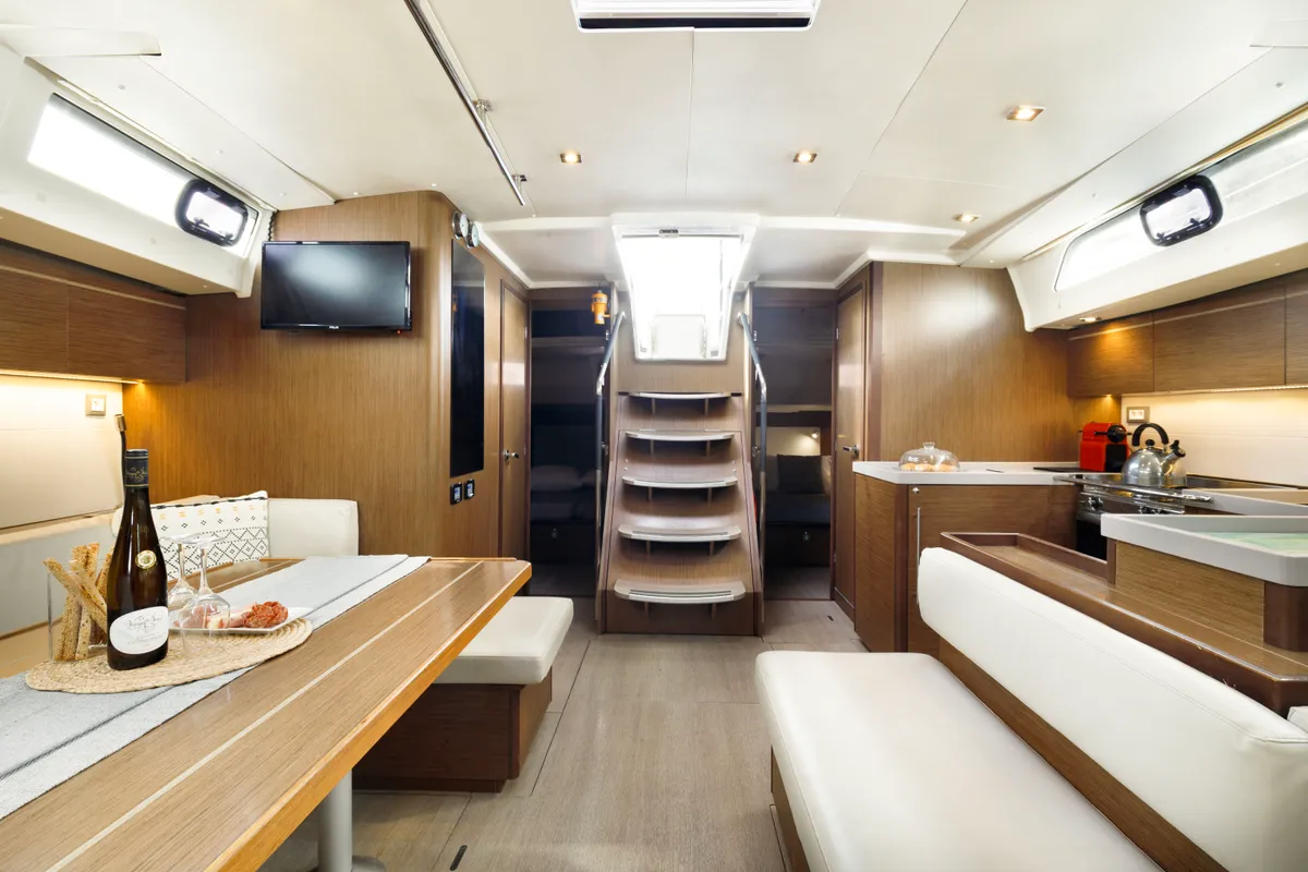 Salon of Lupo Di Mare, a Beneteau Oceanis 51.1 sailboat at Kos, Greece