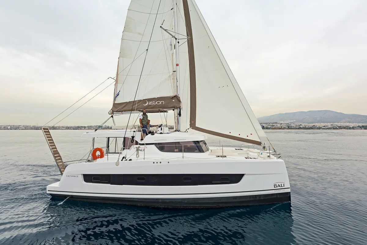 Exterior view of Mediteo, a Bali Catspace catamaran at Kontokali, Greece