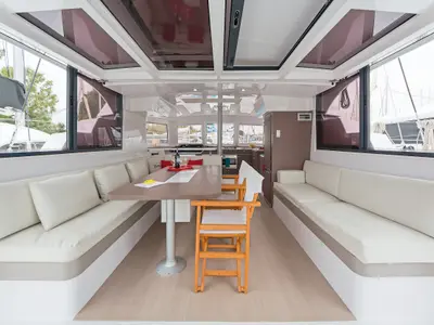 Salon of Mediteo, a Bali Catspace catamaran at Kontokali, Greece
