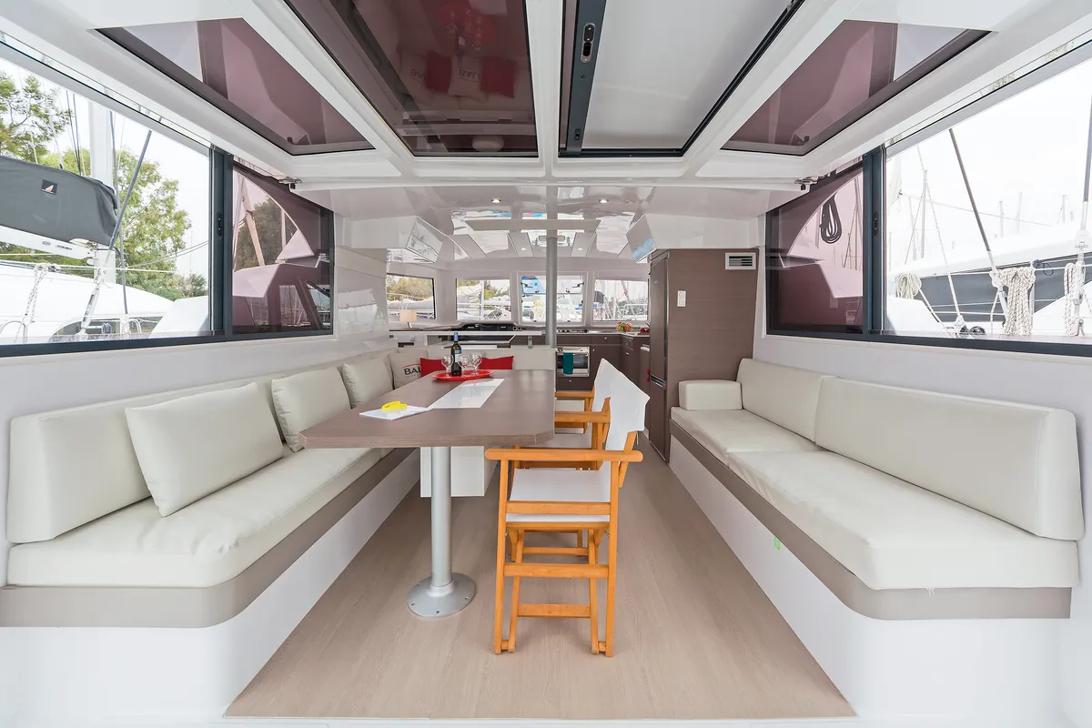 Salon of Mediteo, a Bali Catspace catamaran at Kontokali, Greece