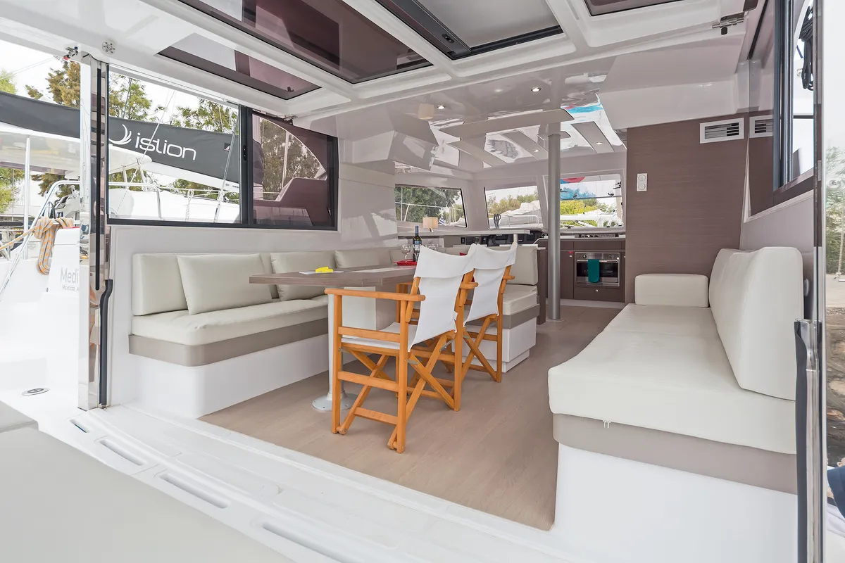 Salon of Mediteo, a Bali Catspace catamaran at Kontokali, Greece