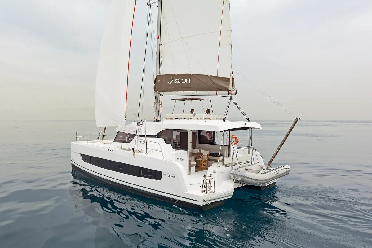 Exterior view of Mediteo, a Bali Catspace catamaran at Kontokali, Greece