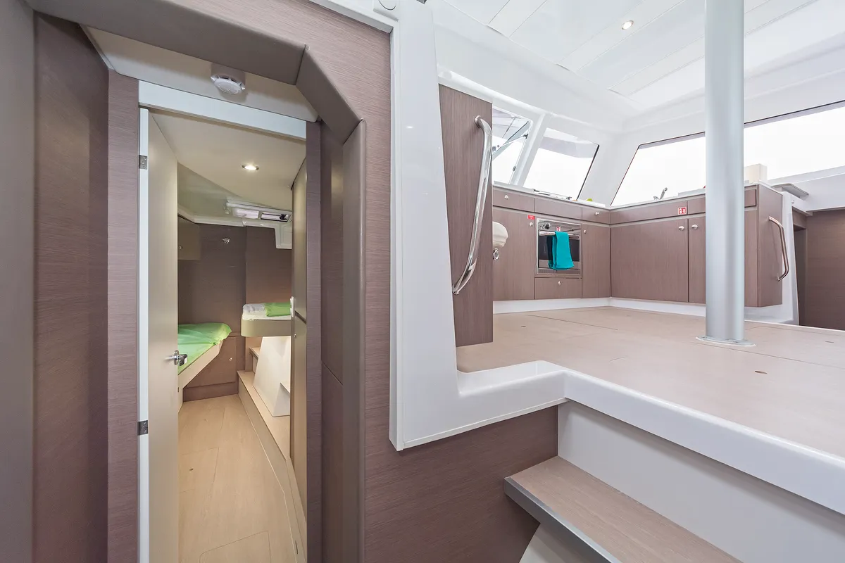 Salon of Mediteo, a Bali Catspace catamaran at Kontokali, Greece