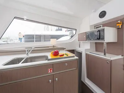 Galley of Mediteo, a Bali Catspace catamaran at Kontokali, Greece