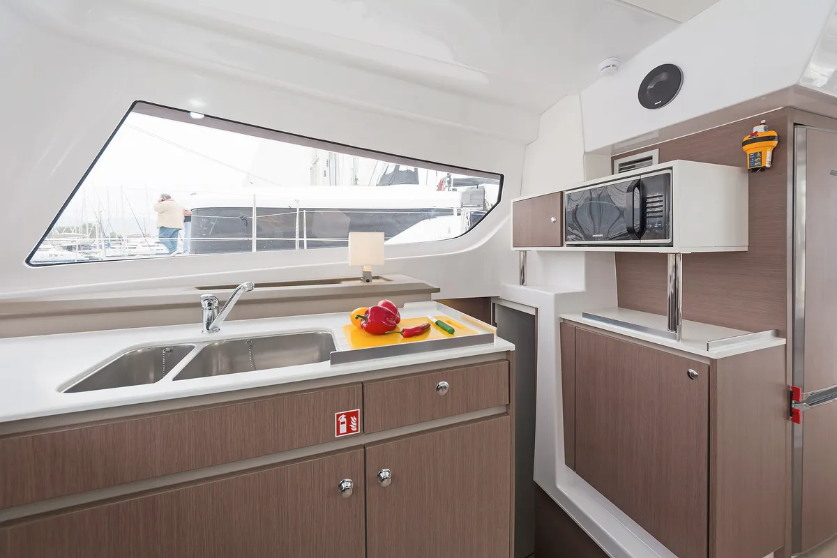 Galley of Mediteo, a Bali Catspace catamaran at Kontokali, Greece