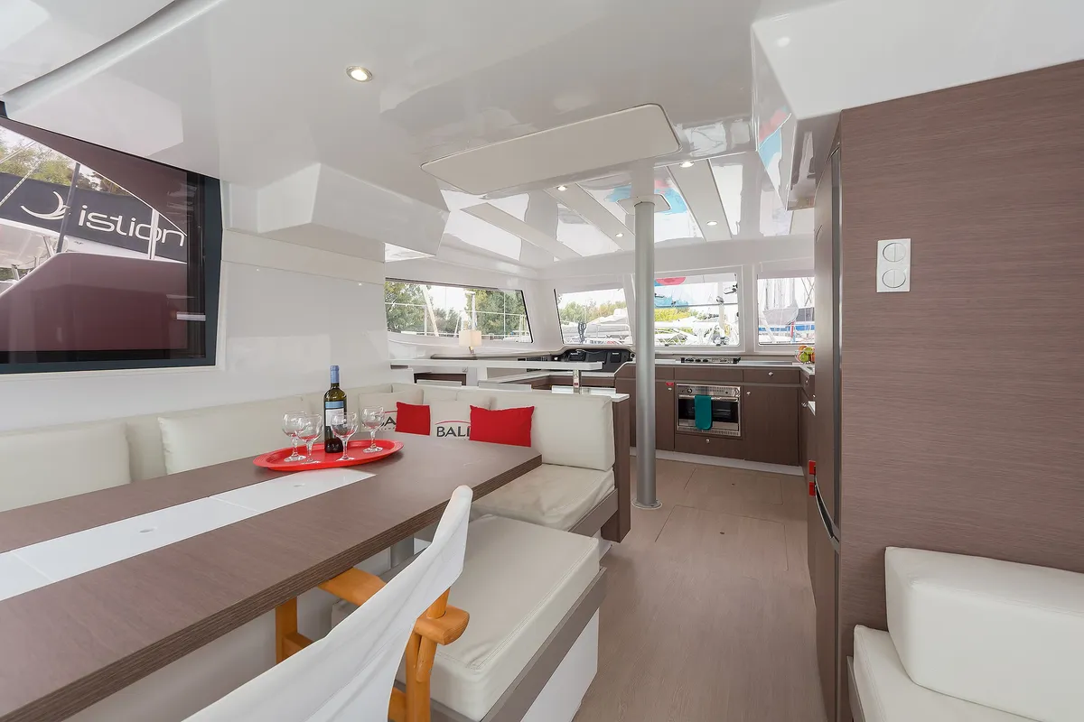 Salon of Mediteo, a Bali Catspace catamaran at Kontokali, Greece
