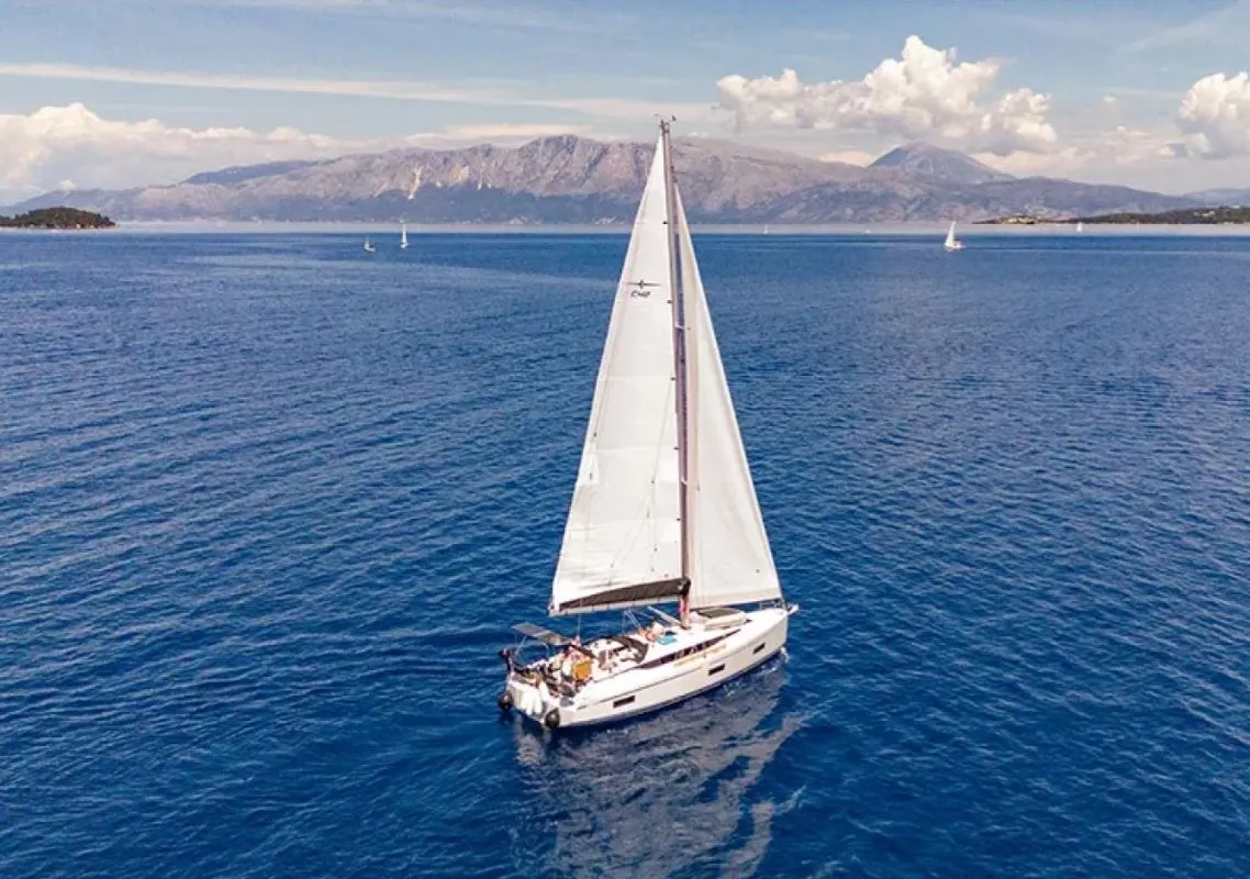 Exterior view of Jenny K, a Bavaria C42 sailboat at Municipal Unit of Lefkada, Greece
