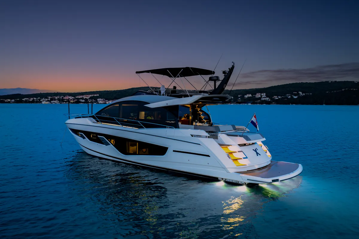 Exterior view of X2, a Sunseeker 65 motor yacht at Split, Croatia