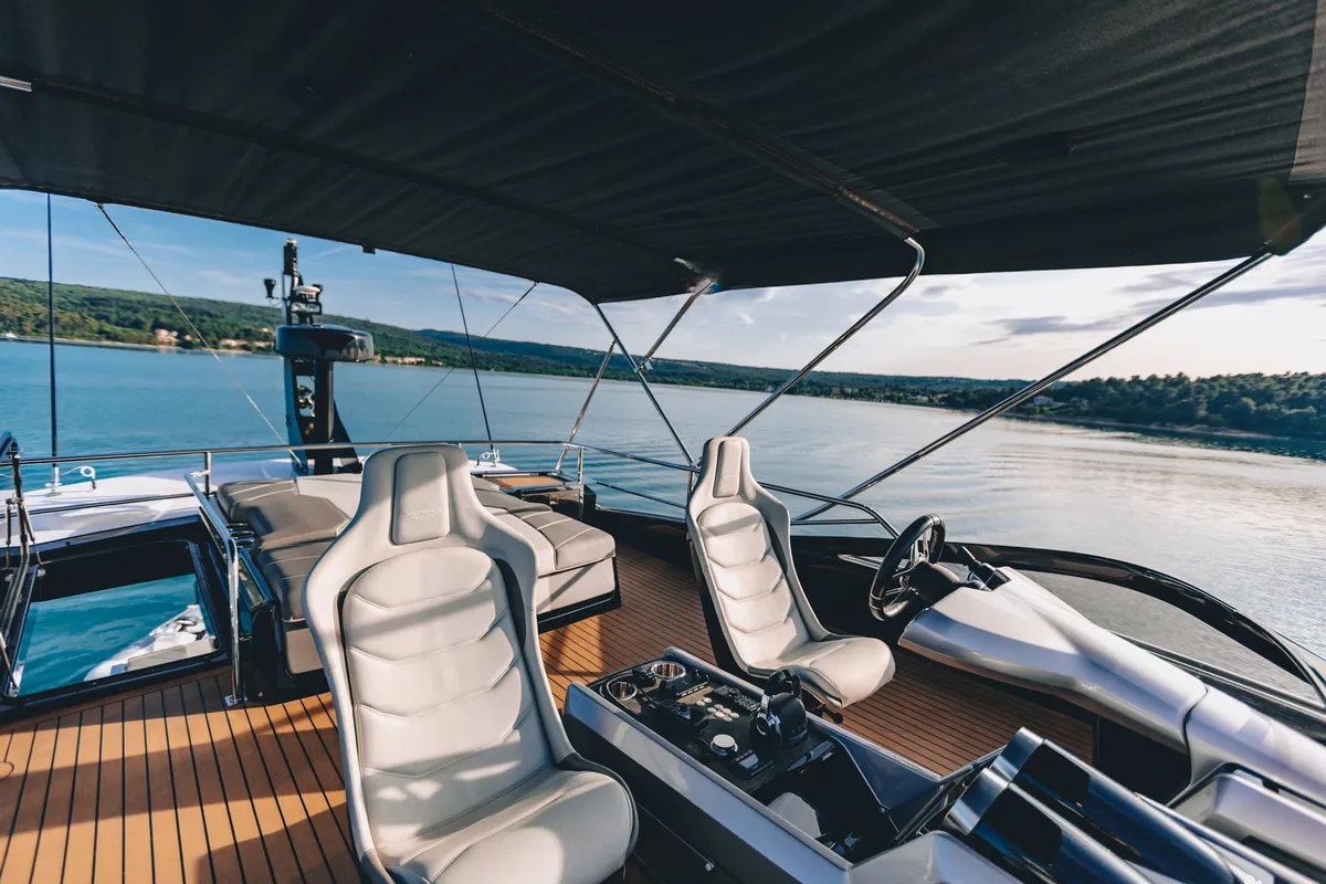Cockpit of X2, a Sunseeker 65 motor yacht at Split, Croatia