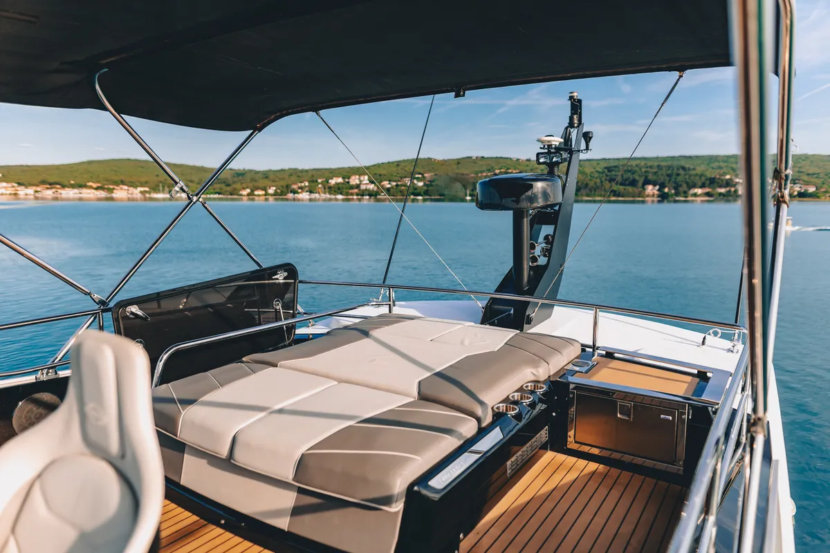 Deck of X2, a Sunseeker 65 motor yacht at Split, Croatia