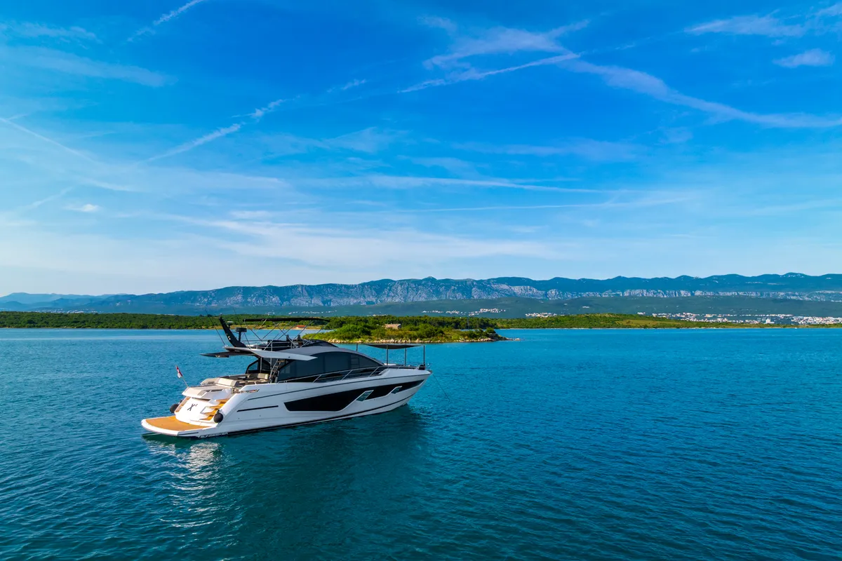 Exterior view of X2, a Sunseeker 65 motor yacht at Split, Croatia