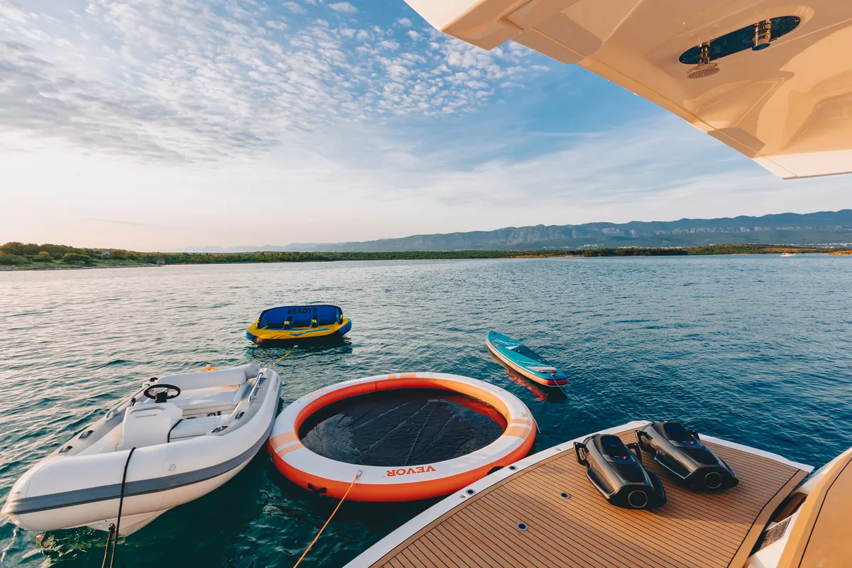 Exterior view of X2, a Sunseeker 65 motor yacht at Split, Croatia