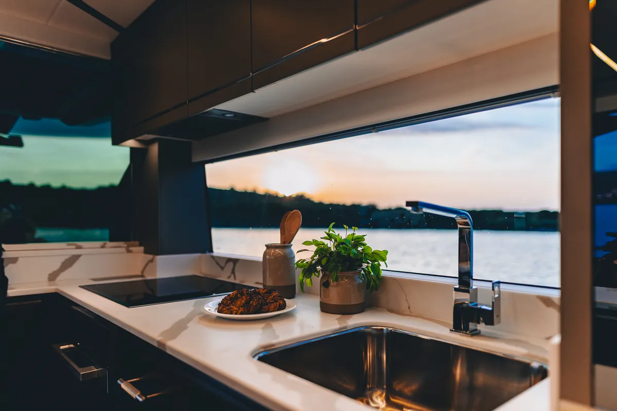 Galley of X2, a Sunseeker 65 motor yacht at Split, Croatia