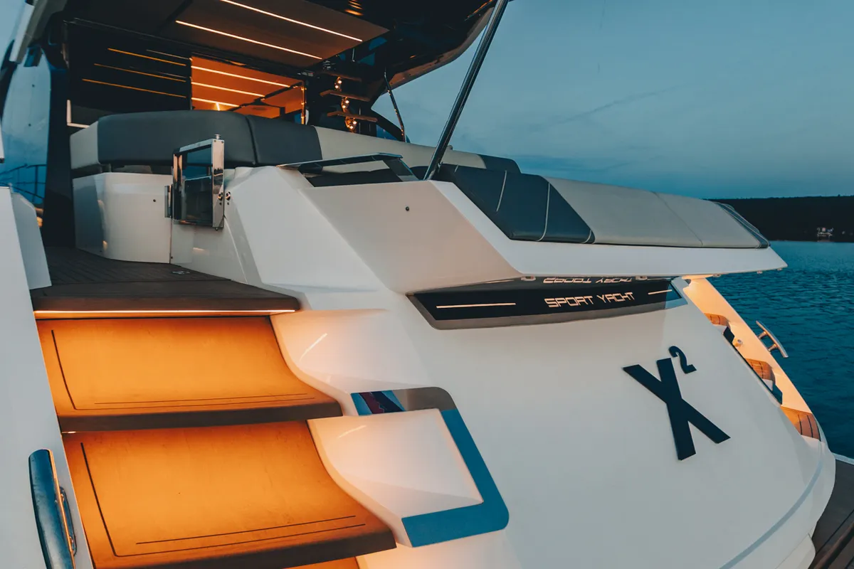Deck of X2, a Sunseeker 65 motor yacht at Split, Croatia