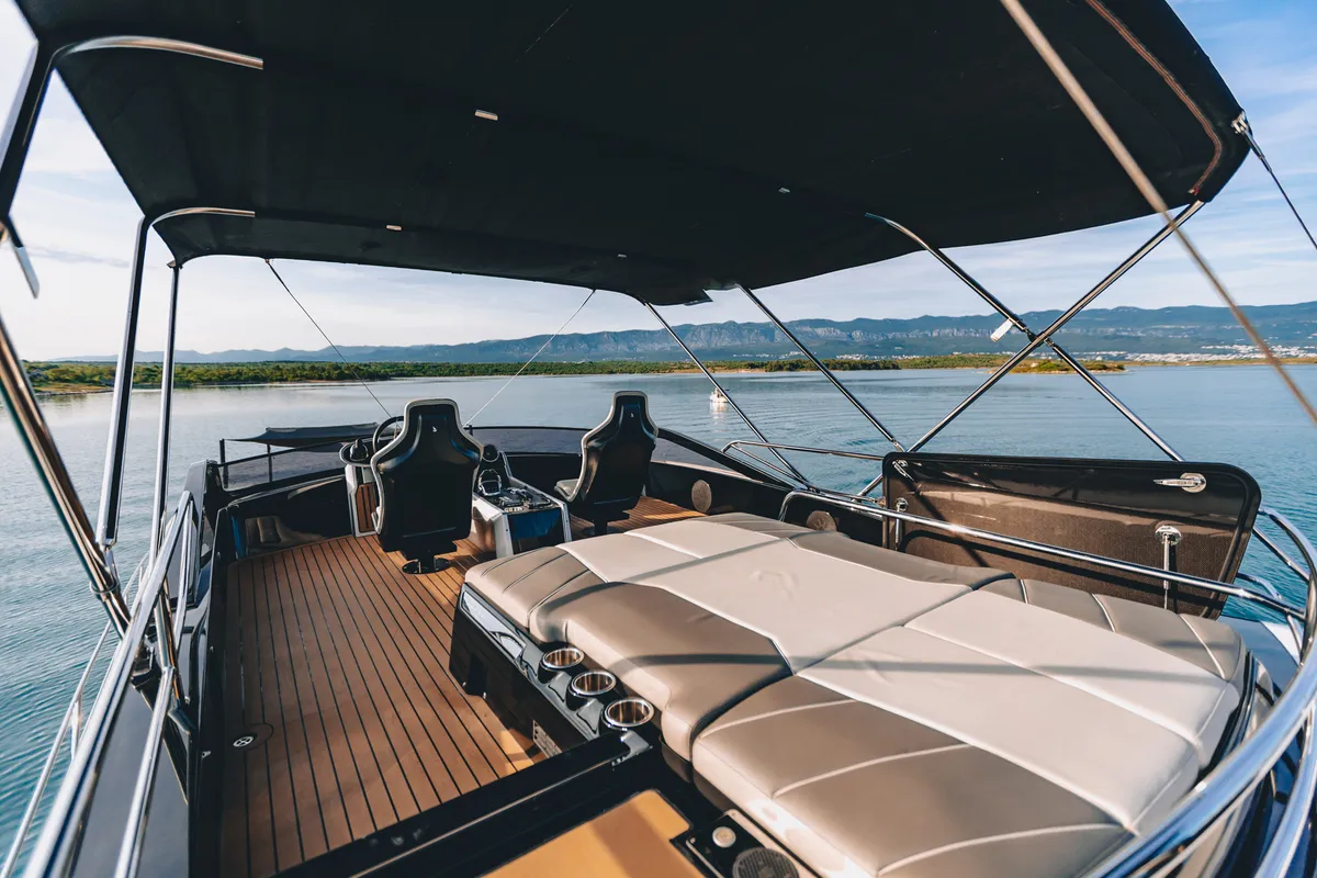 Deck of X2, a Sunseeker 65 motor yacht at Split, Croatia