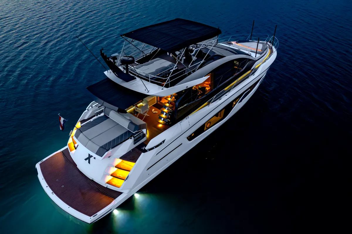 Exterior view of X2, a Sunseeker 65 motor yacht at Split, Croatia