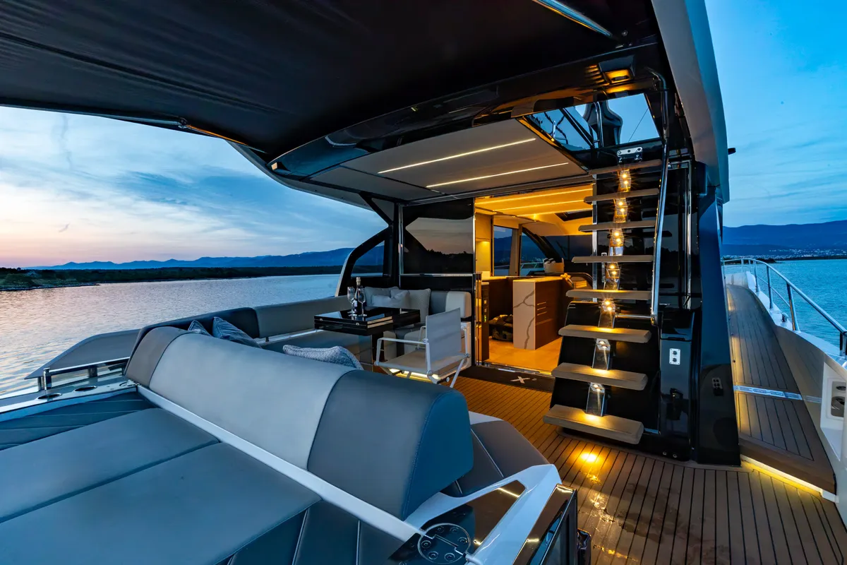Deck of X2, a Sunseeker 65 motor yacht at Split, Croatia