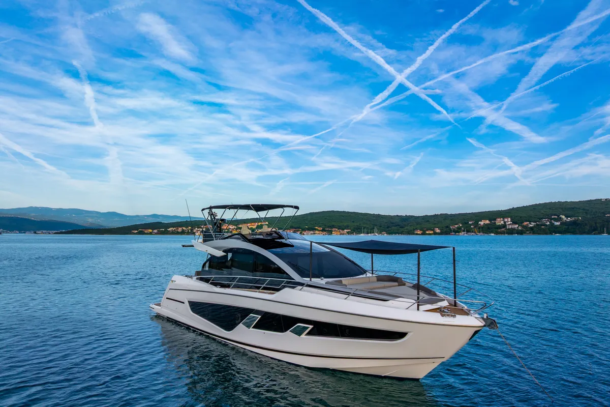 Exterior view of X2, a Sunseeker 65 motor yacht at Split, Croatia