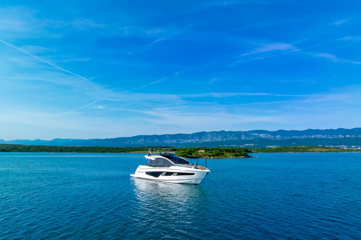 Exterior view of X2, a Sunseeker 65 motor yacht at Split, Croatia