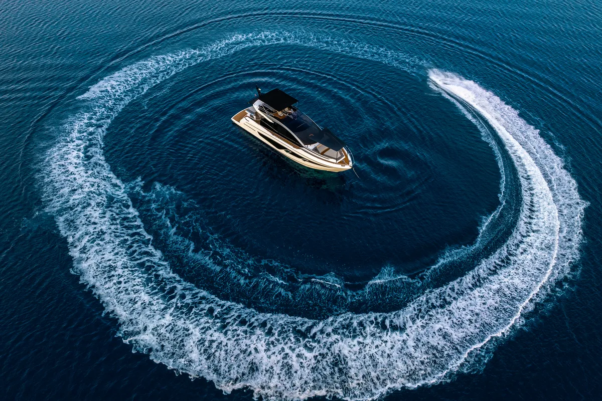 Exterior view of X2, a Sunseeker 65 motor yacht at Split, Croatia