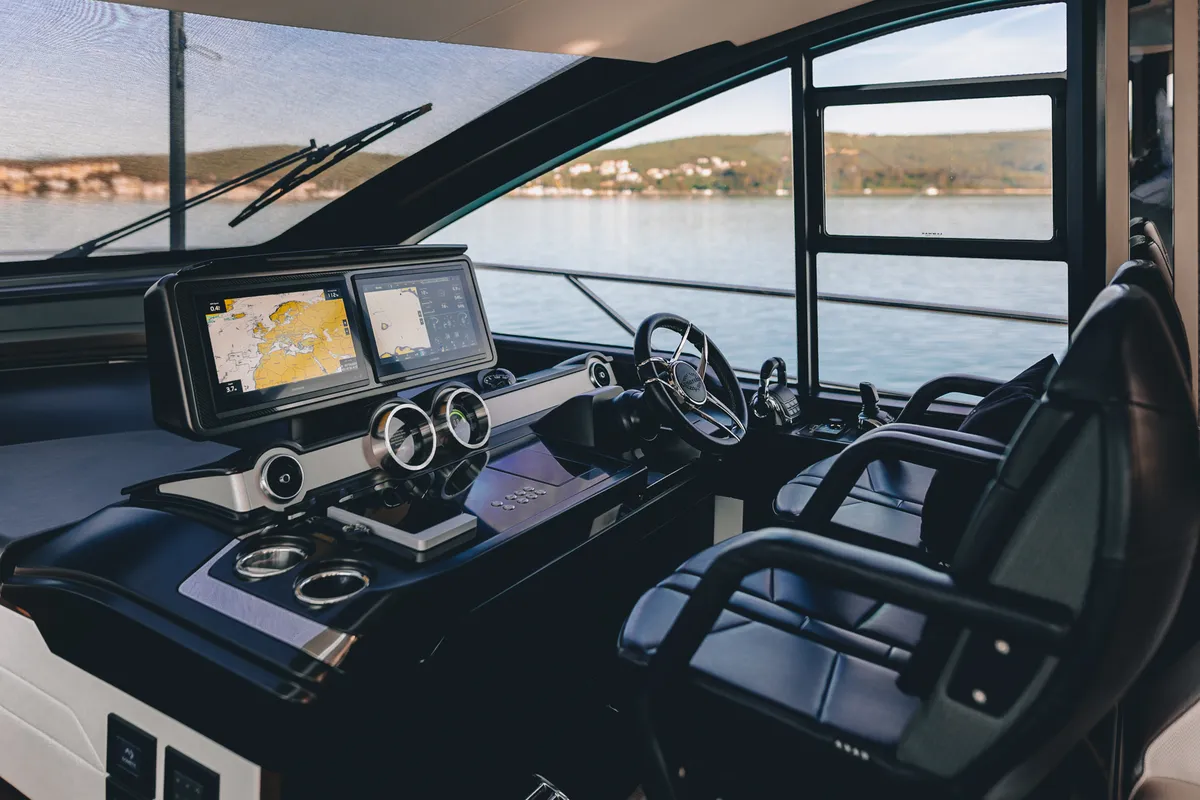 Cockpit of X2, a Sunseeker 65 motor yacht at Split, Croatia