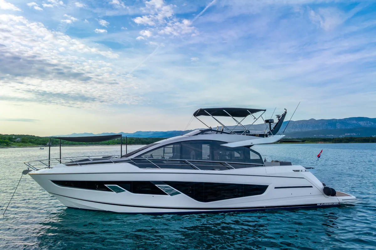 Exterior view of X2, a Sunseeker 65 motor yacht at Split, Croatia