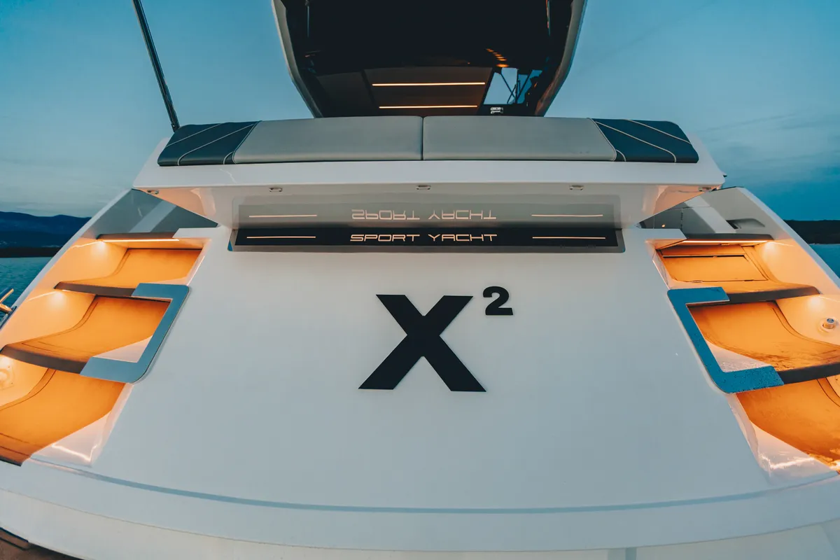 Exterior view of X2, a Sunseeker 65 motor yacht at Split, Croatia