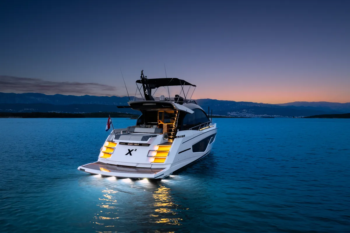 Exterior view of X2, a Sunseeker 65 motor yacht at Split, Croatia