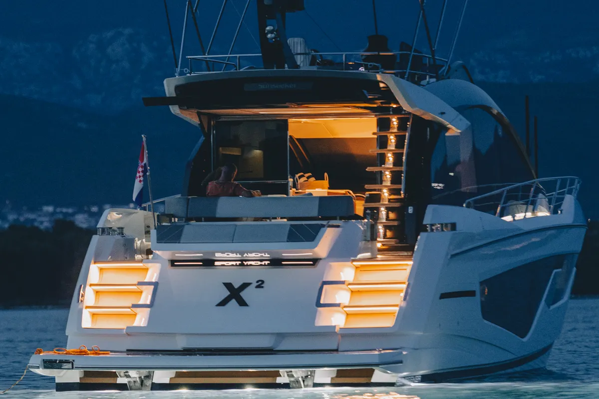 Exterior view of X2, a Sunseeker 65 motor yacht at Split, Croatia