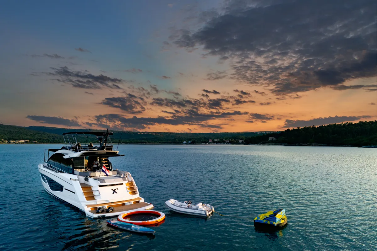 Exterior view of X2, a Sunseeker 65 motor yacht at Split, Croatia