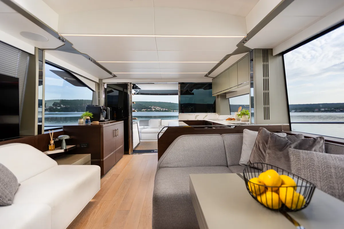 Salon of X2, a Sunseeker 65 motor yacht at Split, Croatia