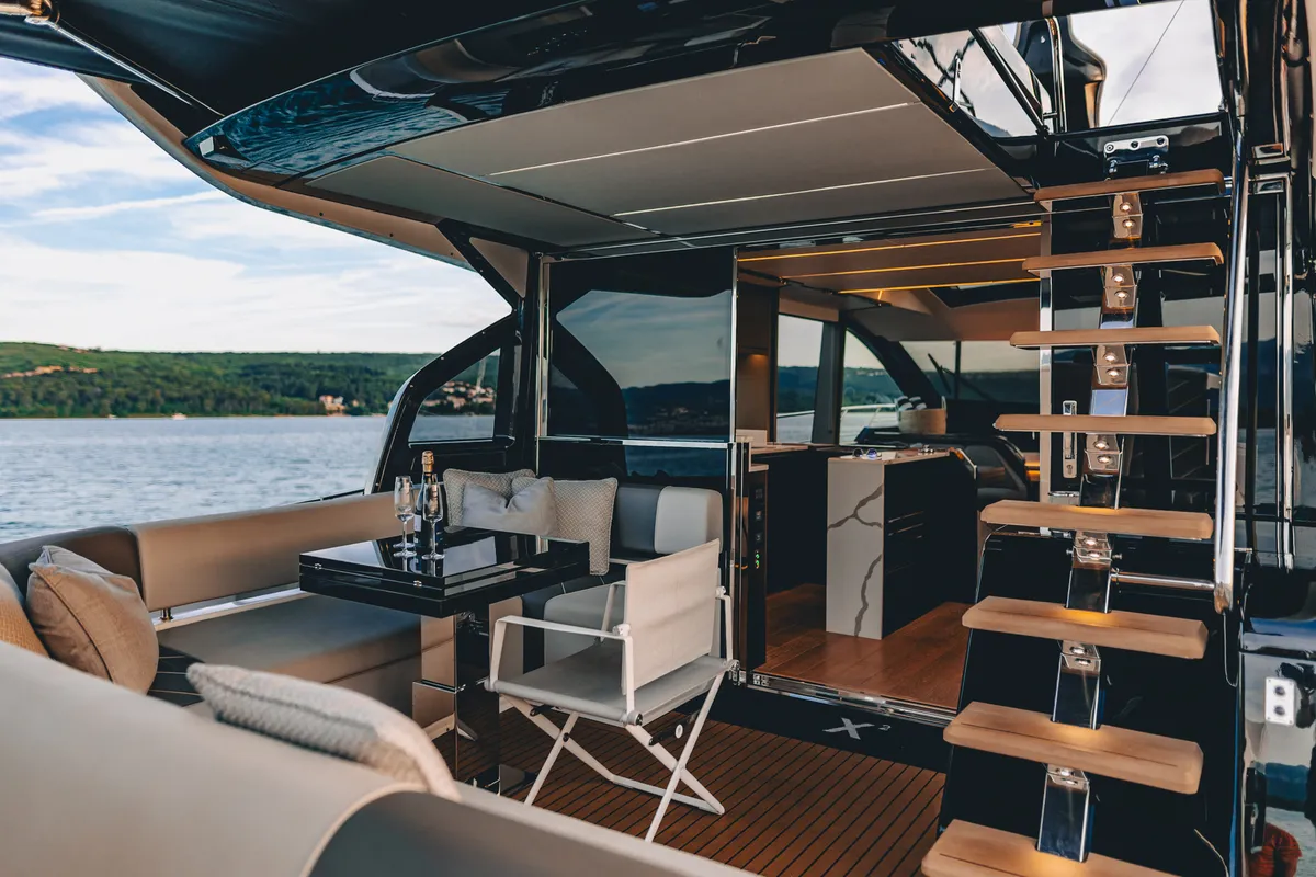 Deck of X2, a Sunseeker 65 motor yacht at Split, Croatia