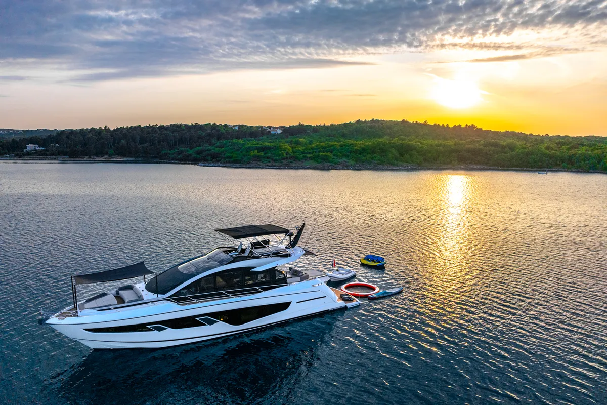 Exterior view of X2, a Sunseeker 65 motor yacht at Split, Croatia