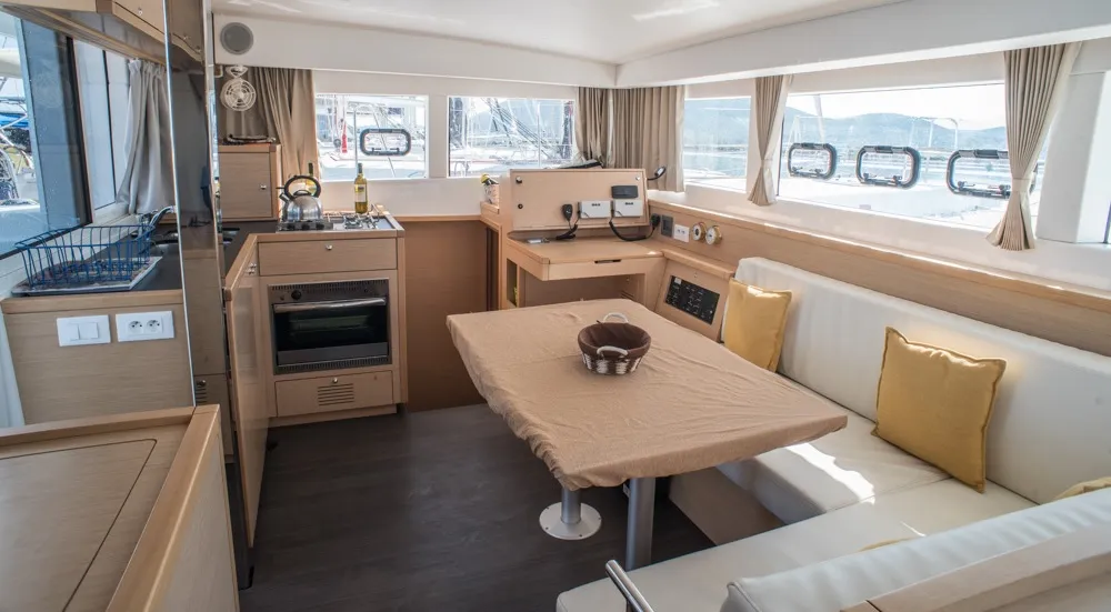Salon of EXPLORER, a Lagoon 39 catamaran at Municipal Unit of Nea Peramos, Greece