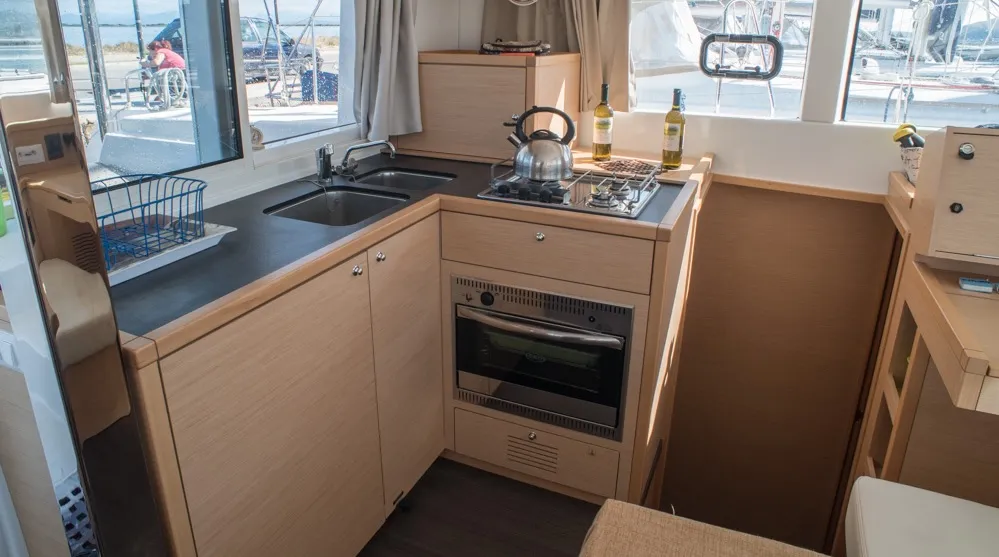 Galley of EXPLORER, a Lagoon 39 catamaran at Municipal Unit of Nea Peramos, Greece