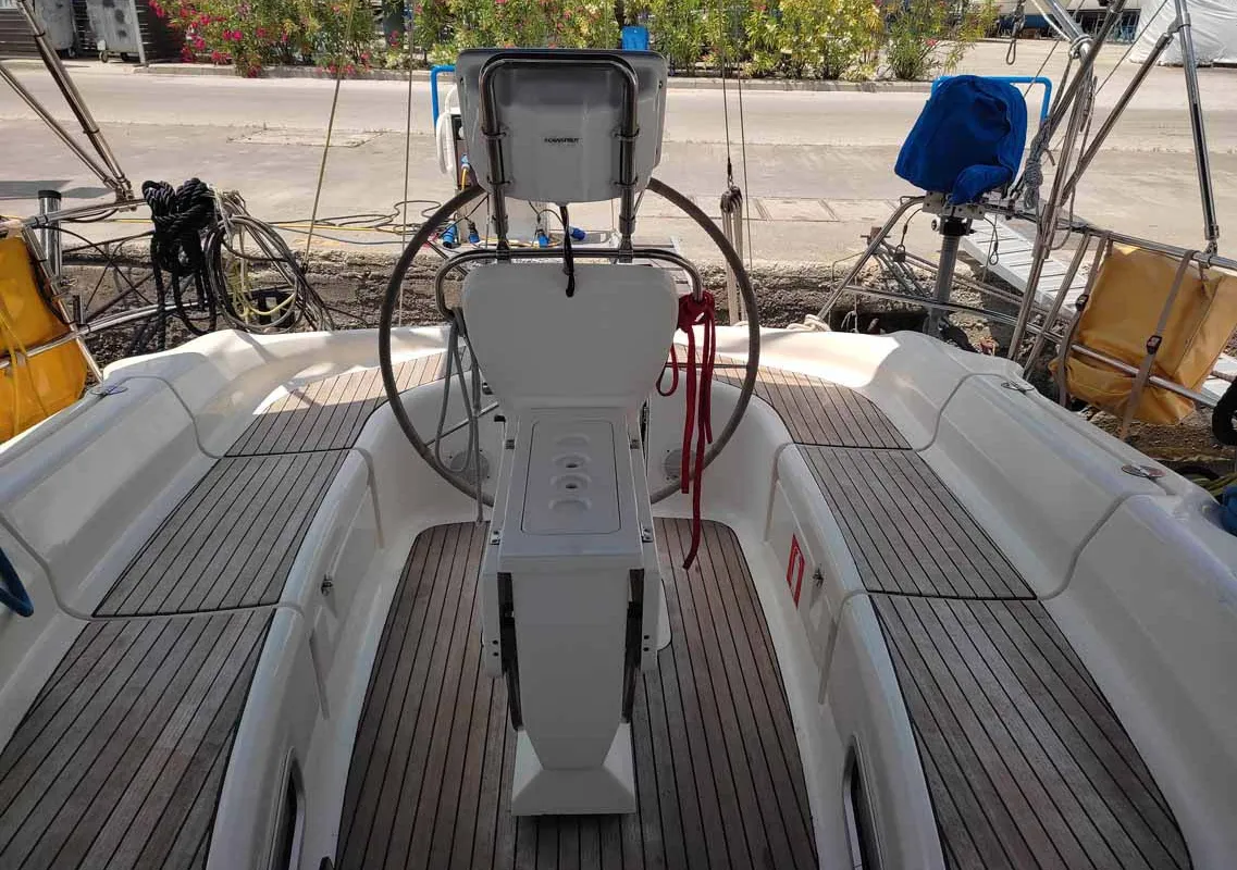 Cockpit of Dorothea, a Bavaria 41 sailboat at Kontokali, Greece