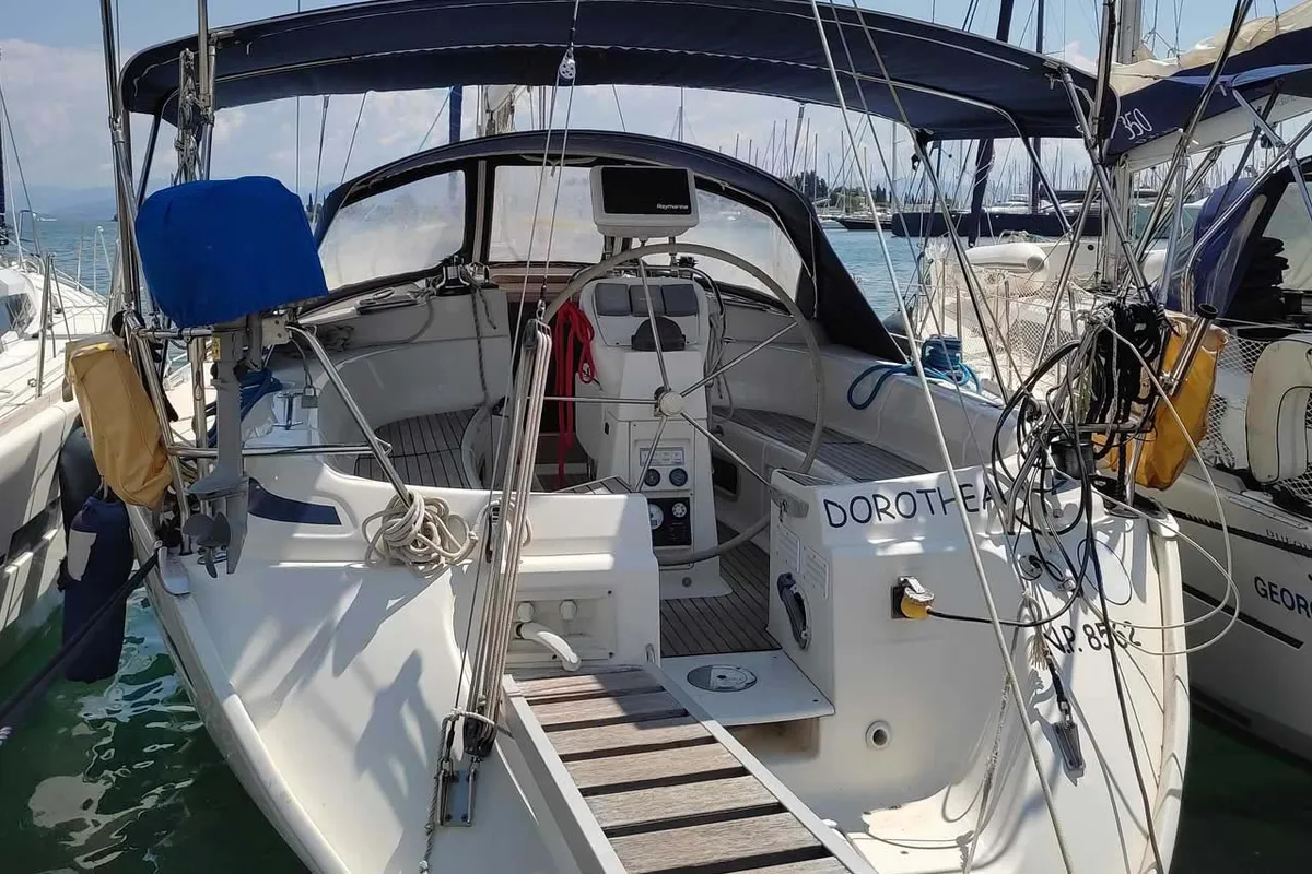 Cockpit of Dorothea, a Bavaria 41 sailboat at Kontokali, Greece