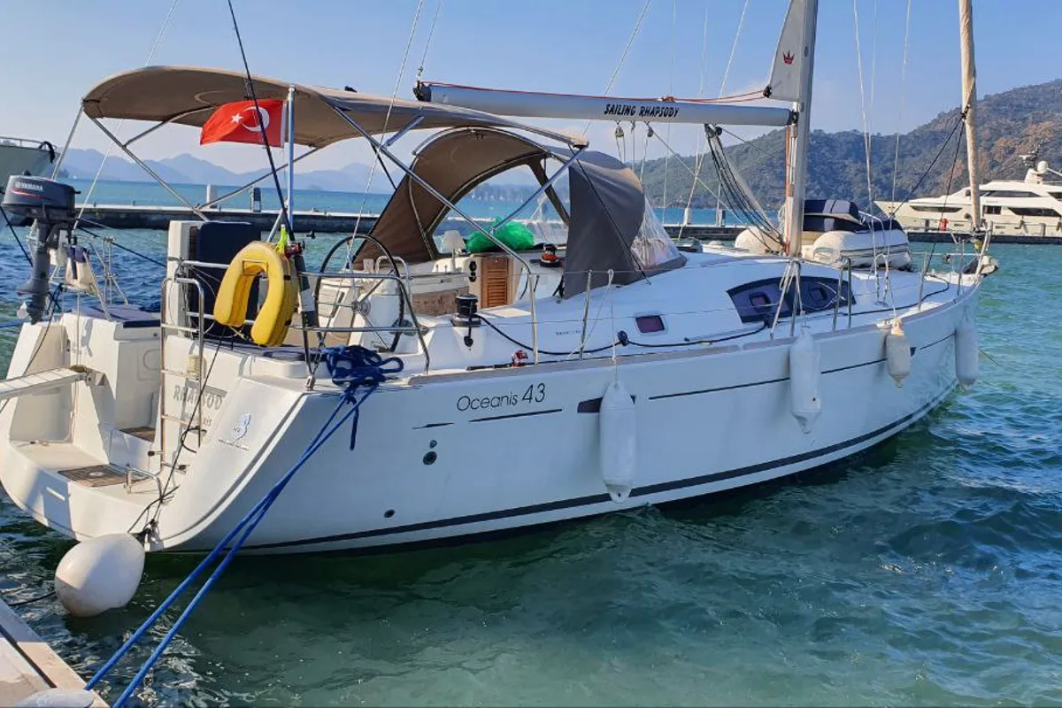 Exterior view of Rhapsody, a Beneteau Oceanis 43 sailboat at Marmaris, Turkey