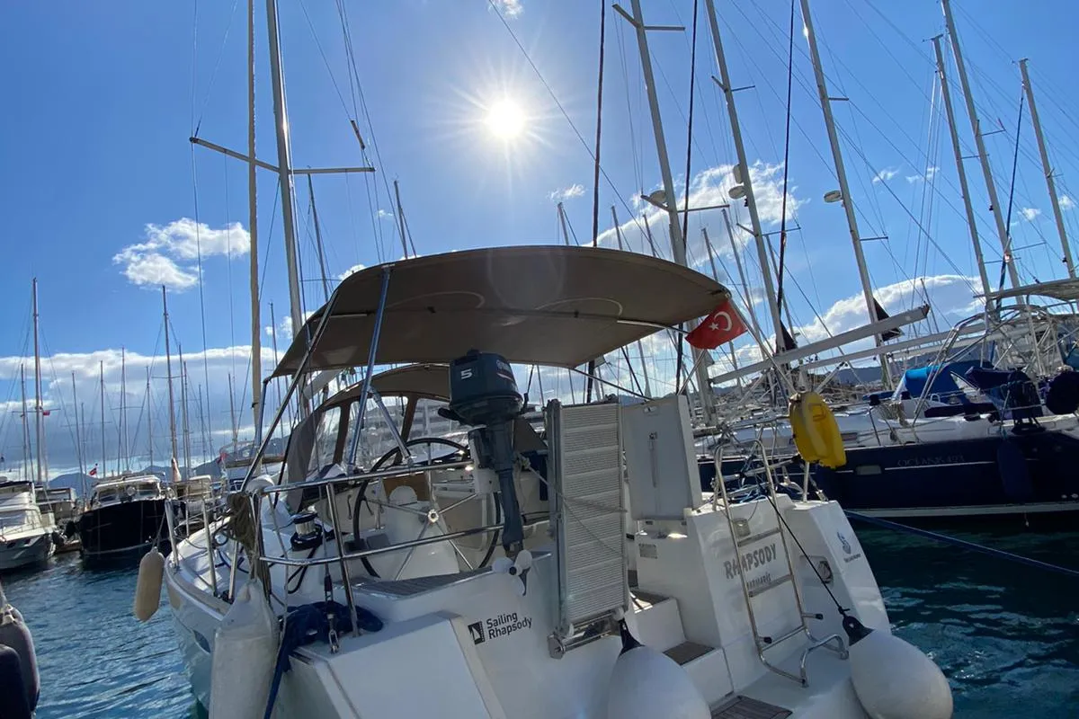 Exterior view of Rhapsody, a Beneteau Oceanis 43 sailboat at Marmaris, Turkey