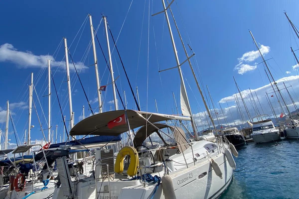 Exterior view of Rhapsody, a Beneteau Oceanis 43 sailboat at Marmaris, Turkey
