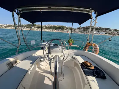 Cockpit of Cami 3, a Hunter 320 sailboat at Castellammare del Golfo, Italy