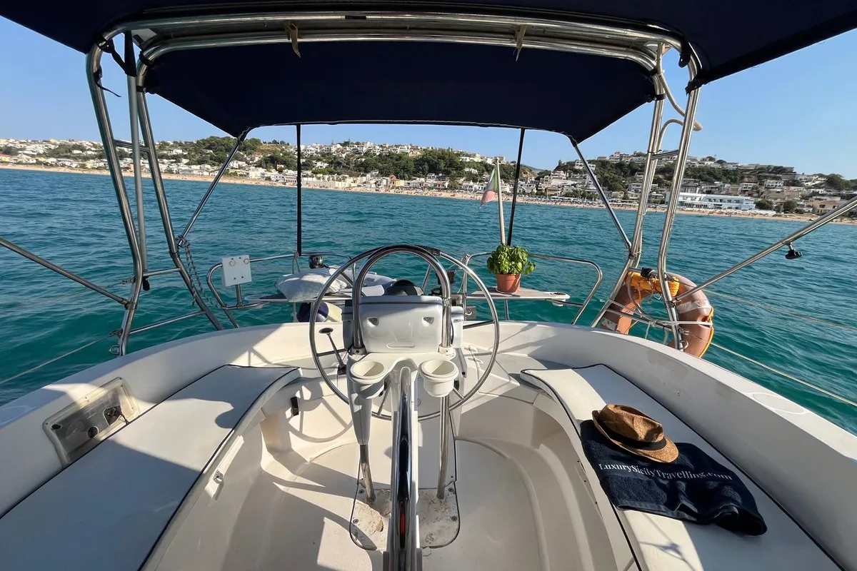 Cockpit of Cami 3, a Hunter 320 sailboat at Castellammare del Golfo, Italy