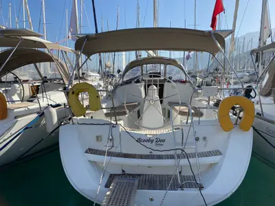 Deck of Scooby-Doo, a Jeanneau Sun Odyssey 36i sailboat at Fethiye, Turkey