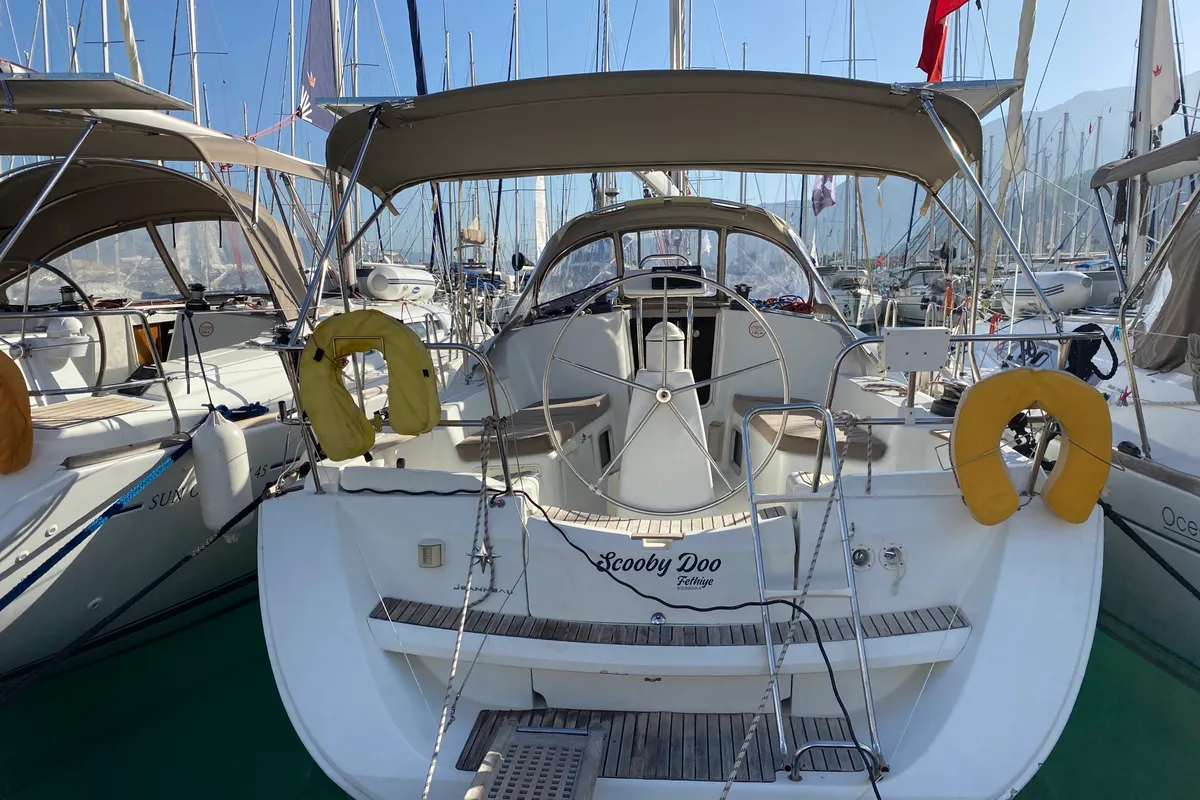 Deck of Scooby-Doo, a Jeanneau Sun Odyssey 36i sailboat at Fethiye, Turkey