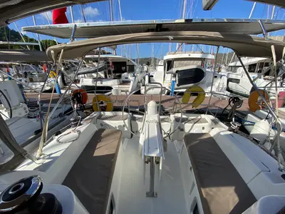 Cockpit of Scooby-Doo, a Jeanneau Sun Odyssey 36i sailboat at Fethiye, Turkey
