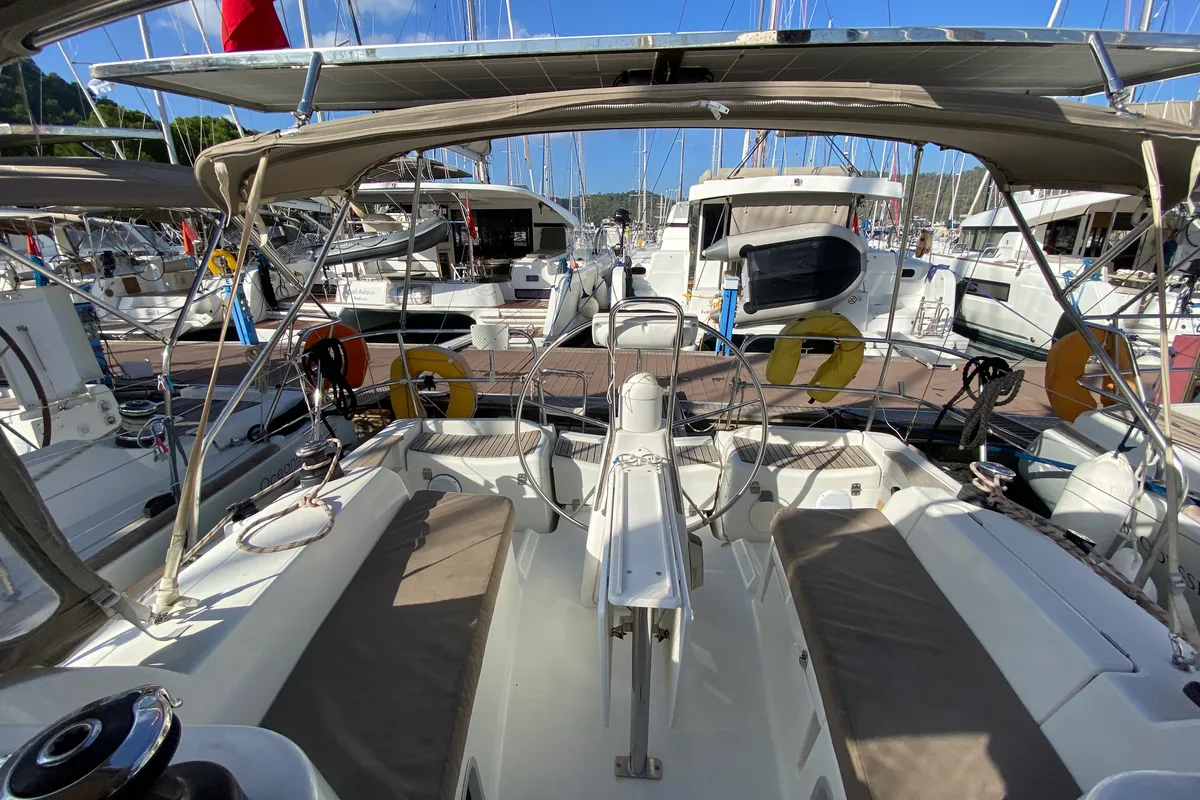 Cockpit of Scooby-Doo, a Jeanneau Sun Odyssey 36i sailboat at Fethiye, Turkey
