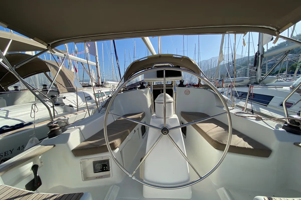 Cockpit of Scooby-Doo, a Jeanneau Sun Odyssey 36i sailboat at Fethiye, Turkey