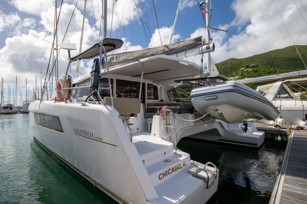 Exterior view of Duality II, a Nautitech 44 catamaran at Road Town, British Virgin Islands