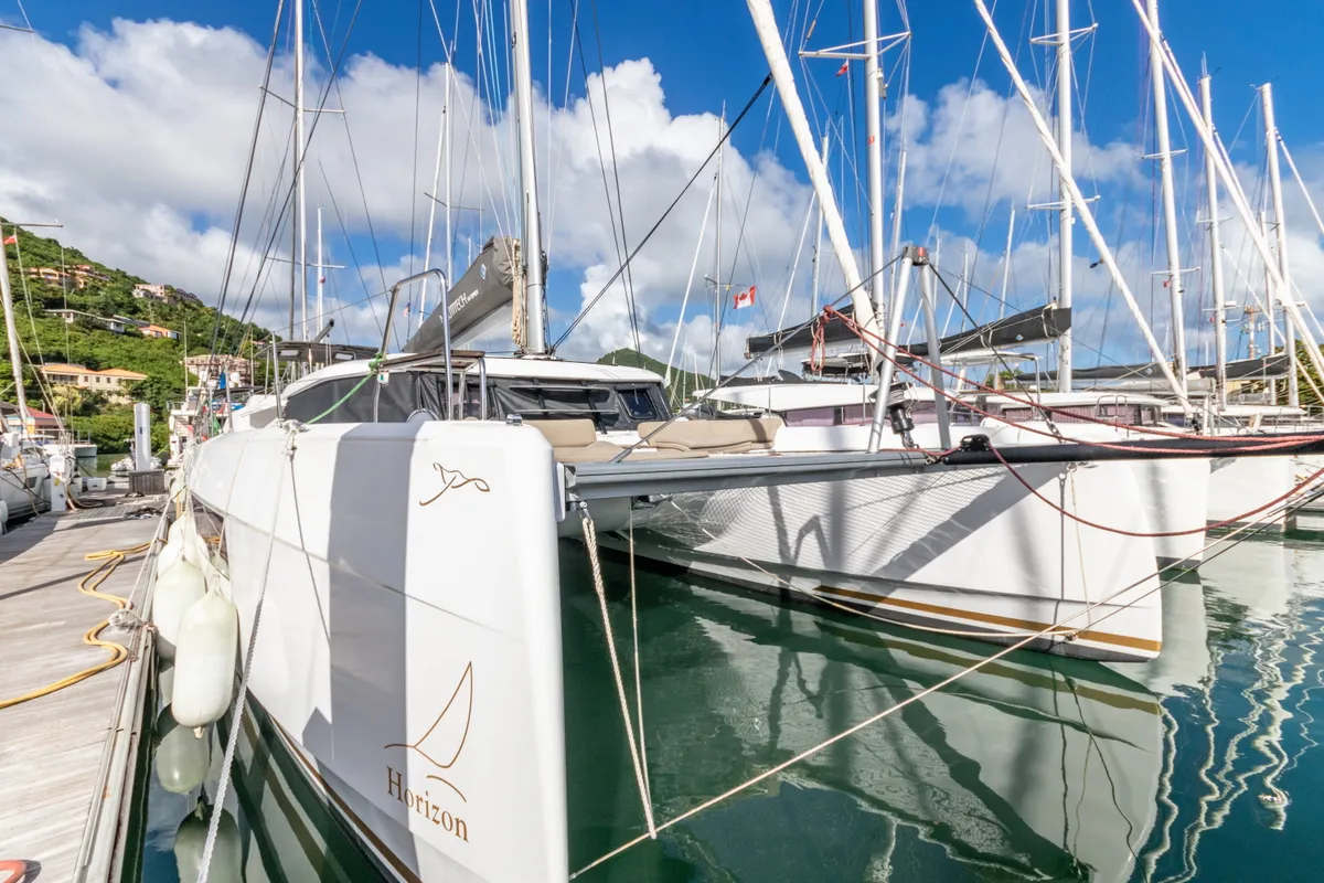 Exterior view of Duality II, a Nautitech 44 catamaran at Road Town, British Virgin Islands